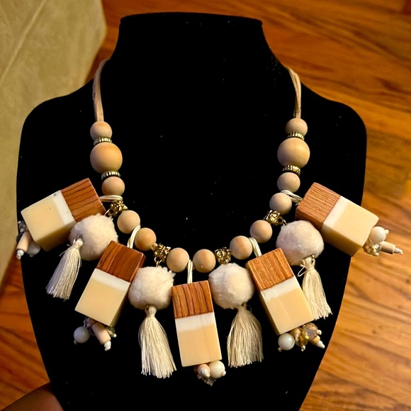 Jewelry Wood Blocks Beads And Pompom Bib Necklace Poshmark